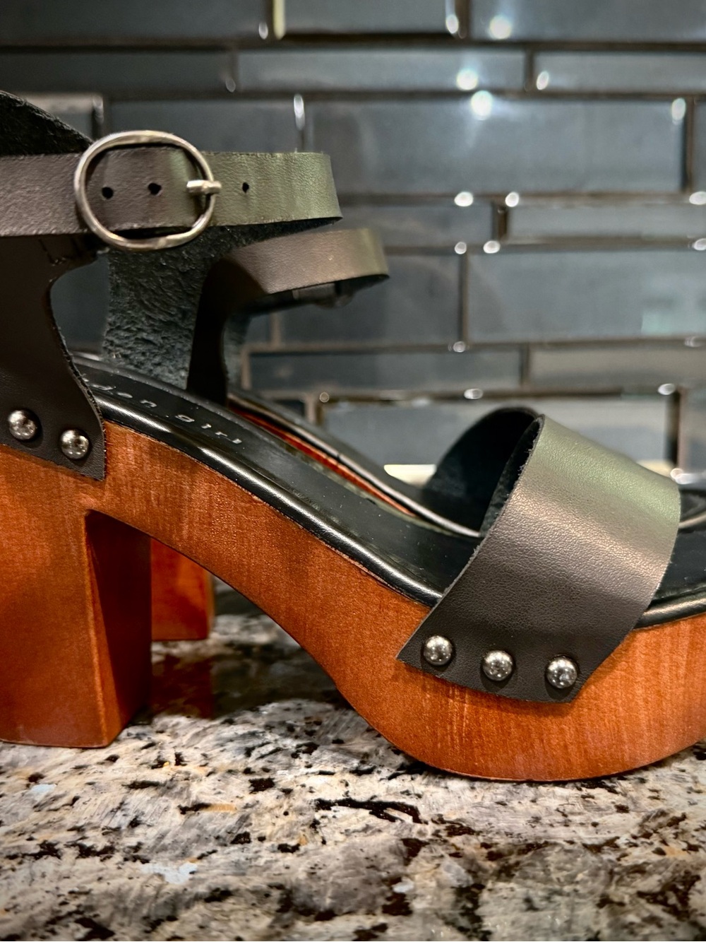 Madden Girl Black Leather Platform Clogs with Wood-Tone Heel